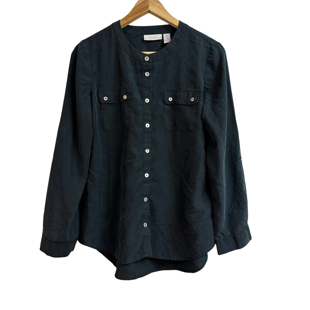 Chicos Washed Black Mandarin Collar Button Front Long Sleeve Blouse Top 0 / US 4